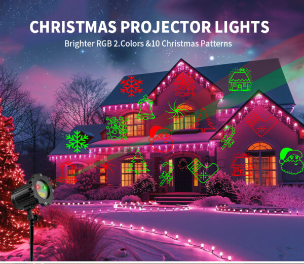 Festlamp Christmas Projector Lights, brighter red green 2-color laser light with 10 Christmas patterns for outdoor house yard winter holiday decoration