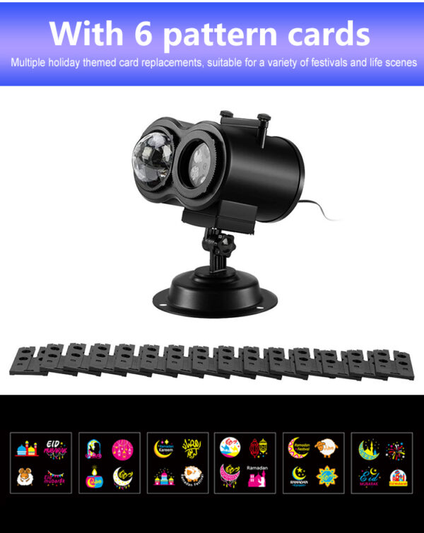 Festlamp dual lens Ramadan holiday projection lamp with 6 replaceable pattern cards, Eid Mubarak projector light multi Islamic holiday themes for Muslim home yard decor