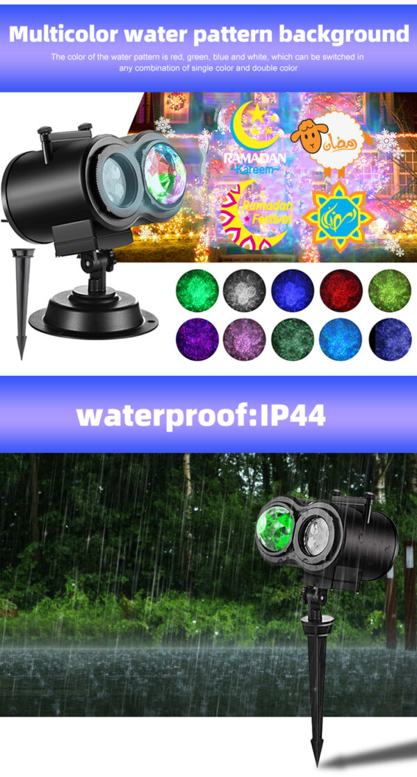 Festlamp dual lens Ramadan holiday projection lamp, multicolor red green blue white water pattern background, IP44 waterproof Eid Mubarak projector light for Muslim outdoor yard Islamic holiday decor