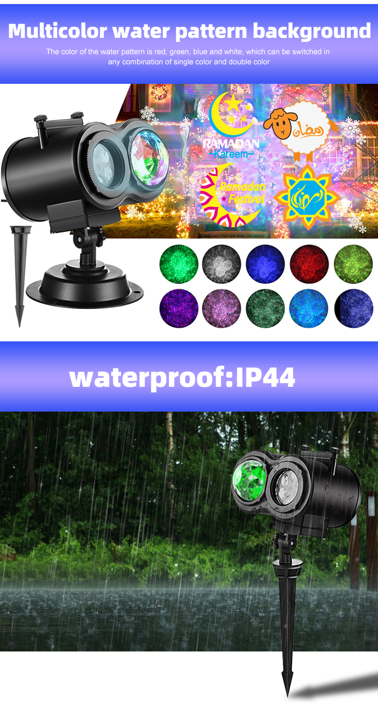 Festlamp dual lens Ramadan holiday projection lamp, multicolor red green blue white water pattern background, IP44 waterproof Eid Mubarak projector light for Muslim outdoor yard Islamic holiday decor