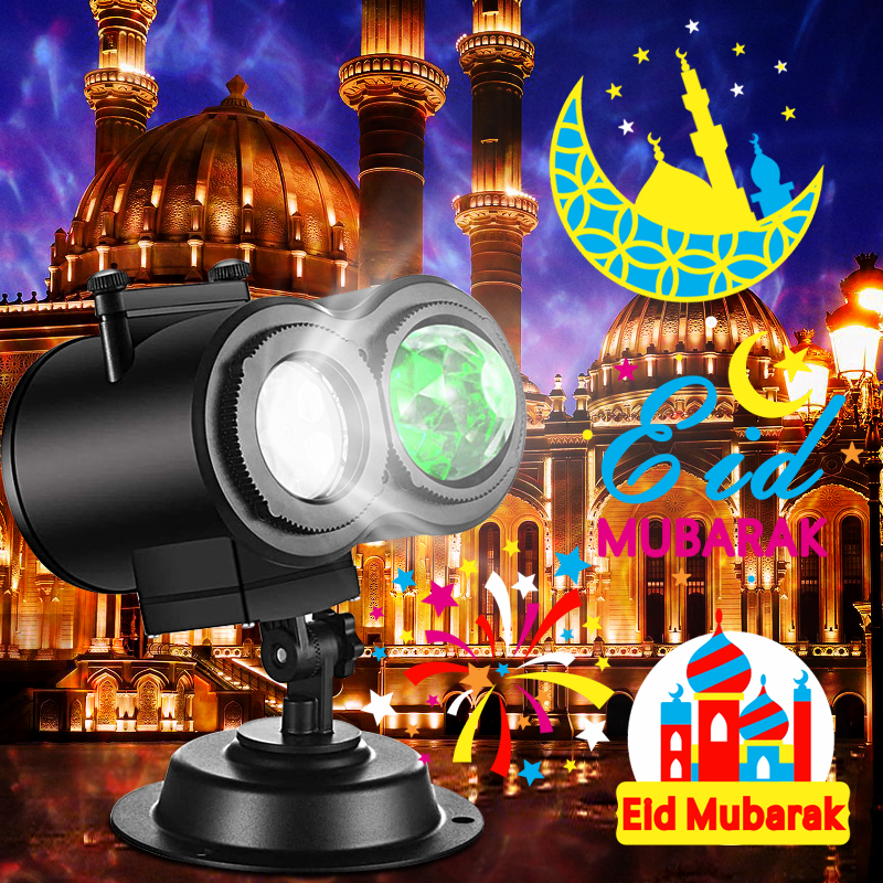 Festlamp dual lens Eid Mubarak projector light, Islamic crescent mosque star patterns, LED laser projection lamp for Muslim Eid Ramadan holiday home yard decoration