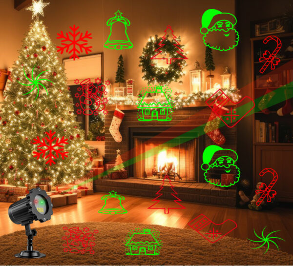 Festlamp indoor Christmas laser projector light, red green 10 Christmas patterns projection lamp for living room fireplace home Xmas decor