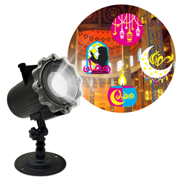 Festlamp Ramadan Lights with Arabic Ramadan calligraphy, lantern, crescent moon and praying woman pattern slide, waterproof outdoor projection lamp for Muslim Ramadan home decor
