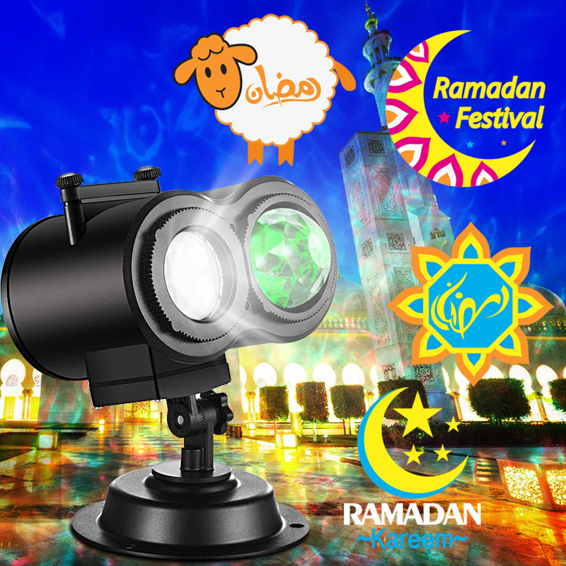 Festlamp Ramadan projector light dual lens LED laser light, Ramadan Kareem Eid Mubarak patterns with sheep, crescent moon, mosque for Muslim Islamic holiday decoration