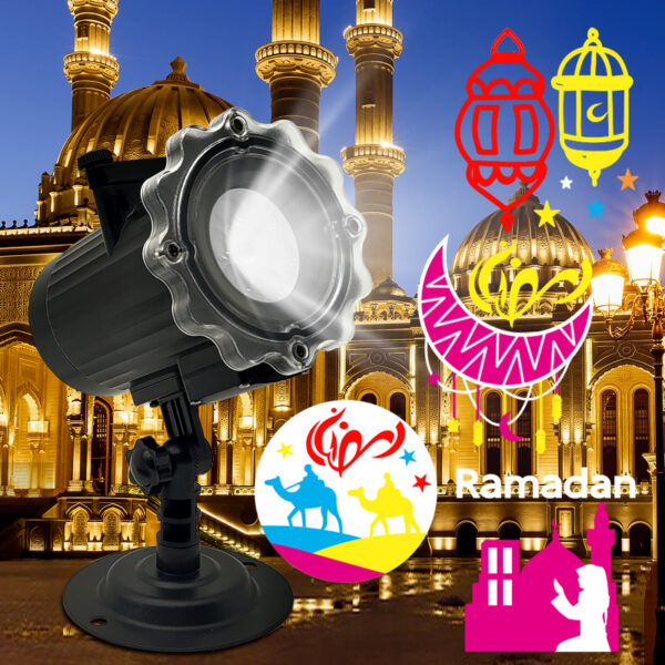 Festlamp Ramadan Projector Light with full Islamic holiday slides, lantern, crescent moon, camel, mosque Eid Mubarak patterns, waterproof outdoor projection lamp for Muslim Ramadan Eid decor