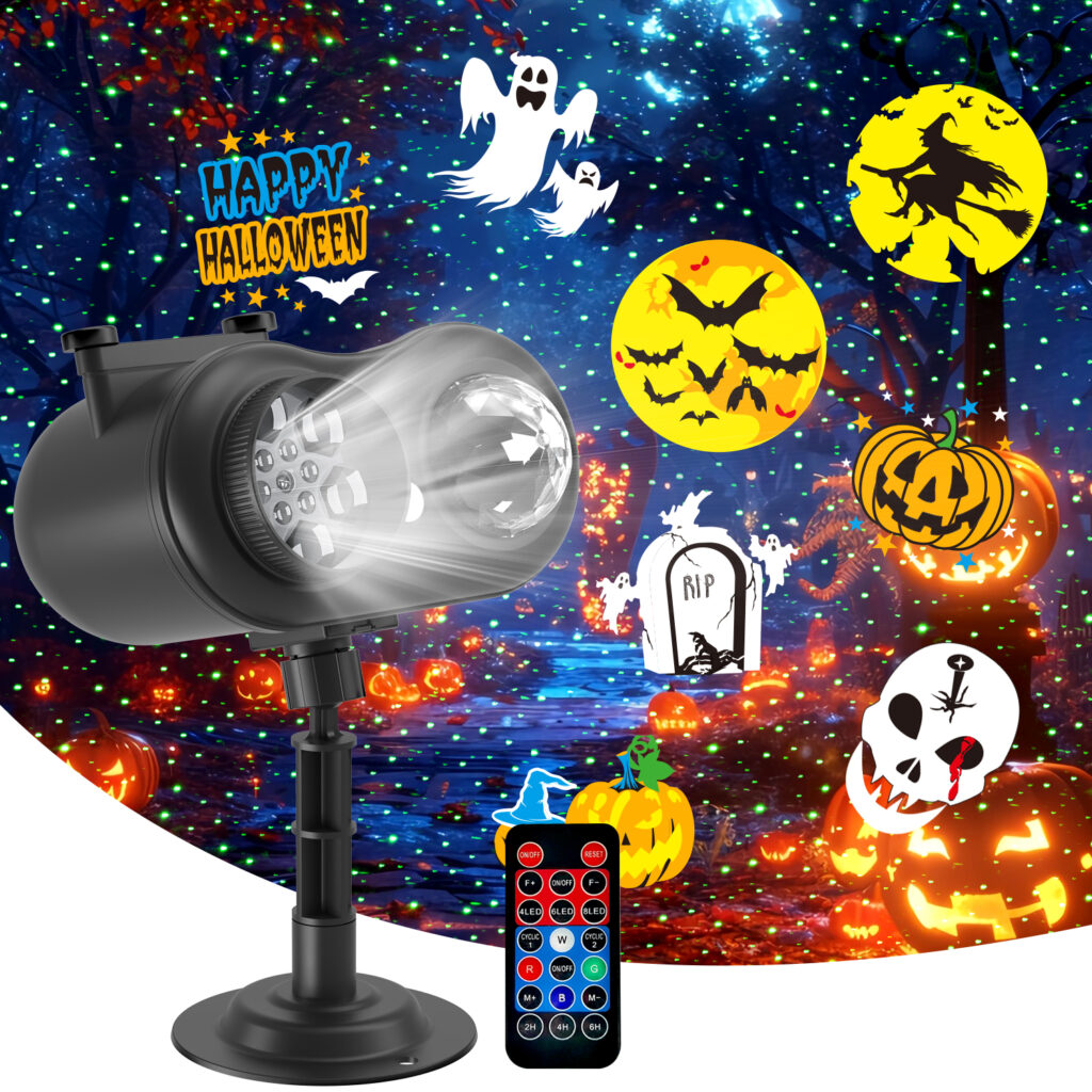 Halloween holiday projector light, outdoor waterproof double pattern projection lamp with ghost pumpkin skull slides and remote control for yard garden holiday decor