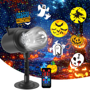 Halloween holiday projector light, outdoor waterproof double pattern projection lamp with ghost pumpkin skull slides and remote control for yard garden holiday decor