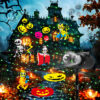 Halloween holiday projector light projecting pumpkin, skeleton, vampire, devil ghost patterns on haunted house, outdoor dual lens yard decorative lamp with green laser star dots