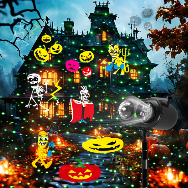Halloween holiday projector light projecting pumpkin, skeleton, vampire, devil ghost patterns on haunted house, outdoor dual lens yard decorative lamp with green laser star dots