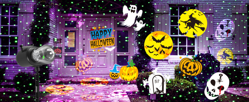 Halloween holiday projector light with ghost, pumpkin, witch, bat, skull, tombstone patterns, dual lens outdoor front yard decorative lamp with green laser star dots