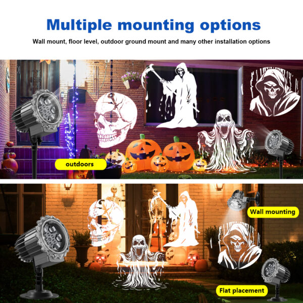 Dual installation Halloween projector light, wall mounting & flat placement outdoor Halloween light with ghost skull skeleton patterns for house Halloween decor