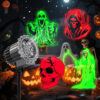 Halloween projector light outdoor yard display, red green ghost skull grim reaper patterns Halloween light with pumpkin decor for haunted Halloween party