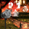 Halloween projector light yard walkway scene, ghost skull grim reaper patterns projected on house wall and ground outdoor Halloween light for haunted decor