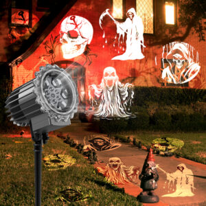 Halloween projector light yard walkway scene, ghost skull grim reaper patterns projected on house wall and ground outdoor Halloween light for haunted decor