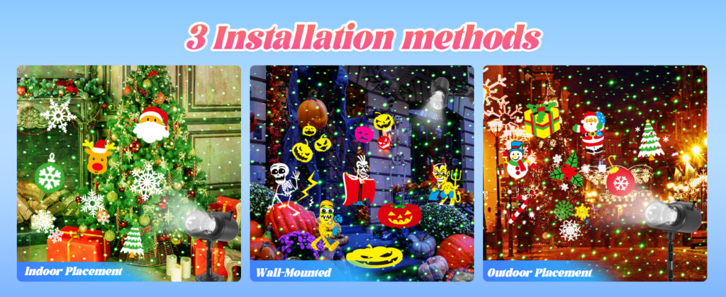 Holiday projector light 3 installation ways: indoor table placement, wall mounted, outdoor ground stake installation, dual lens seasonal projection lamp for Christmas Halloween multi-scene decor