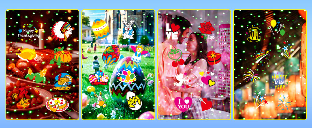 Multi holiday projector light seasonal patterns for Thanksgiving, Easter, Valentine's Day, New Year, turkey egg rose firework decorative slide projections with green laser star dots