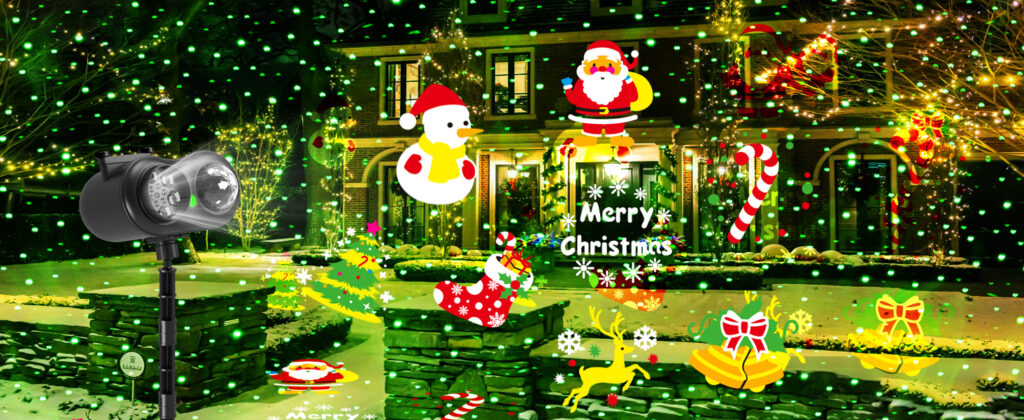 Outdoor Christmas holiday projector light with Santa, snowman, Xmas tree, elk, candy cane, bell patterns, dual lens decorative projection lamp with green laser star lights for yard house winter decor