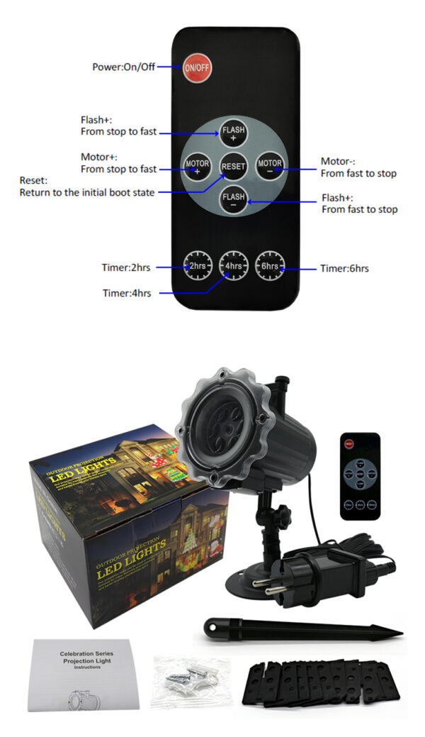 Ramadan Projector Light full package accessories, multi-function remote control with speed flash timer setting, complete set includes lamp, EU adapter, ground stake, instruction manual and interchangeable pattern slides