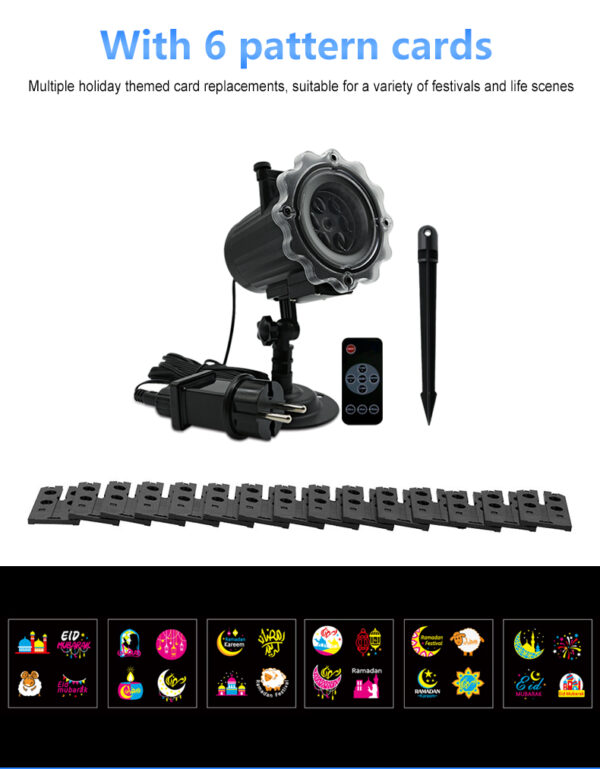 Ramadan Projector Light full kit with 6 interchangeable Islamic holiday pattern cards, includes lamp, EU plug adapter, wireless remote, ground spike, Eid & Ramadan themed slides for Muslim festival decoration