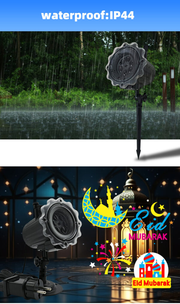IP44 Waterproof Ramadan Projector Light, dual installation ground stake & desktop base, Eid Mubarak crescent mosque firework pattern outdoor Islamic festival projection lamp