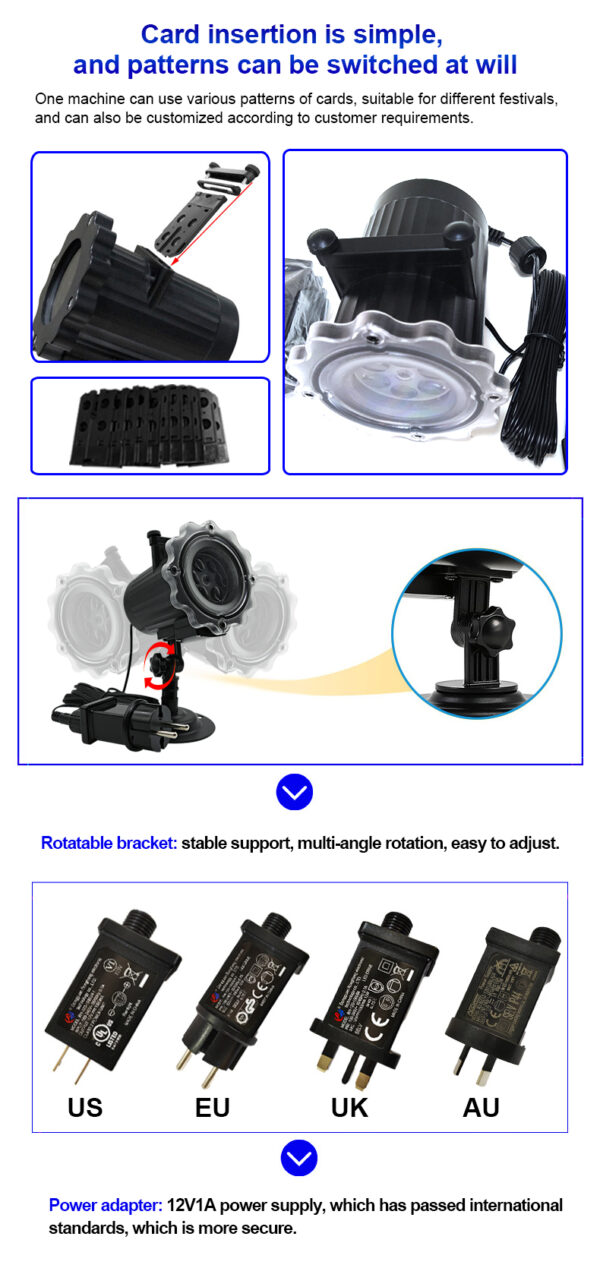 Ramadan Projector Light structural details, easy slide card insertion, 360° rotatable adjustable bracket, multi plug options US EU UK AU certified 12V1A power adapter for festival projection lamp