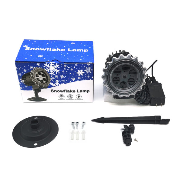Snowflake lamp full package accessories, Christmas projector light complete kit with box, power adapter, wall base and ground stake for outdoor holiday light